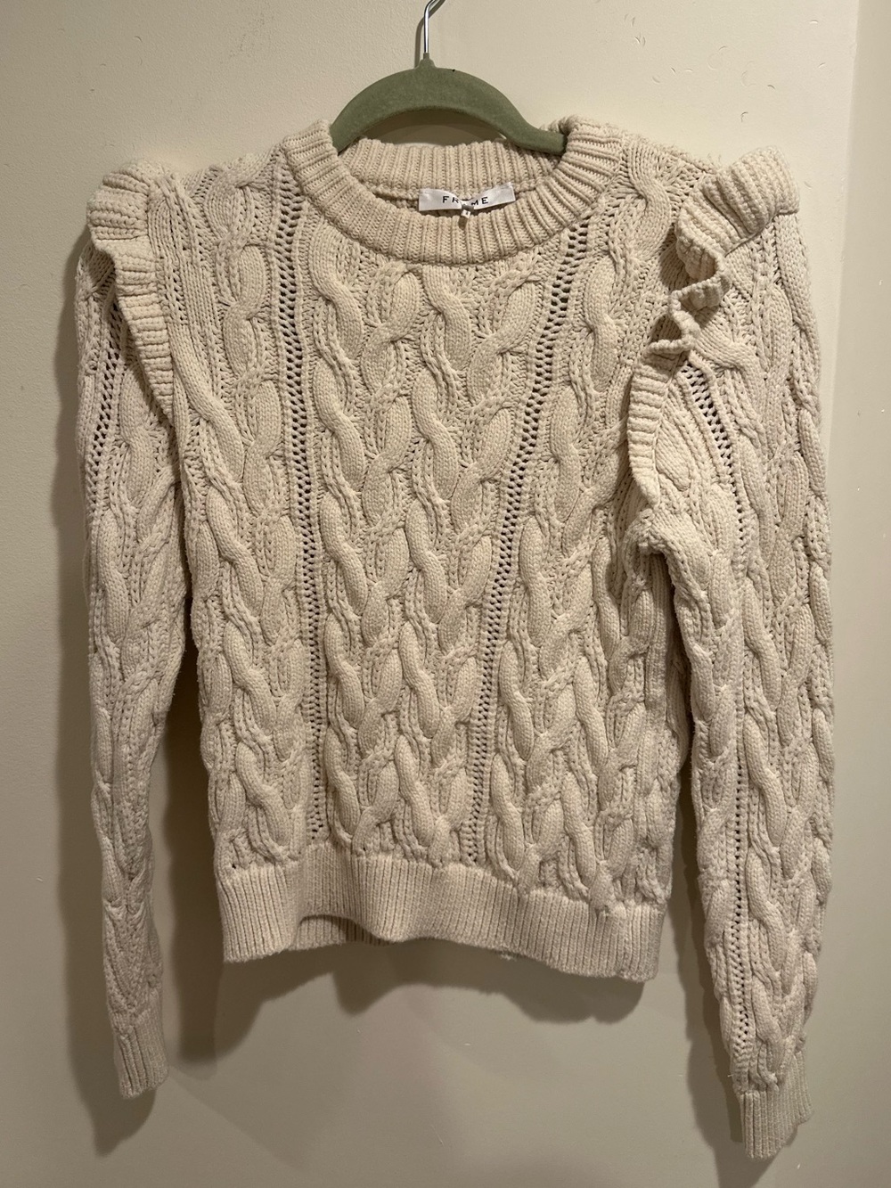 Frame Denim Ivory Cable Knit Ruffle Shoulder Sweater